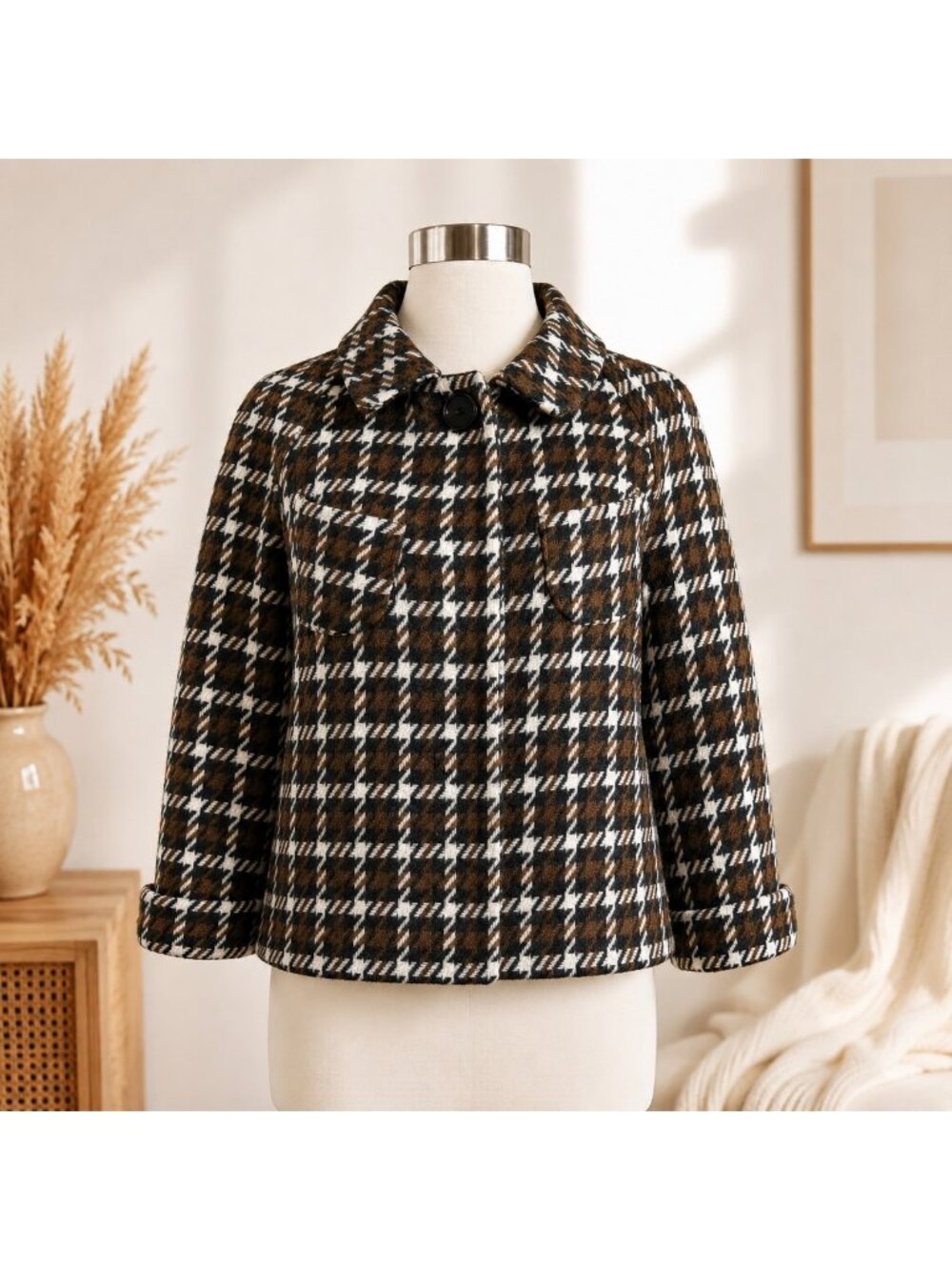 Banana Republic Wool Blend Houndstooth Jacket Coat Size M - Picture 3 of 16